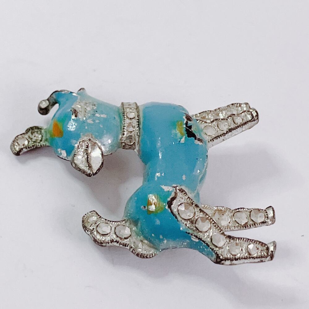 Vintage 1940s Blue Enamel Deer Pin Pot Metal Kitschy Novelty Figural Brooch - Picture 8 of 11
